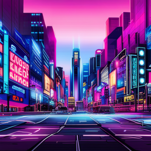 Vibrant digital artwork featuring a punk-inspired cityscape with neon lights and graffiti.